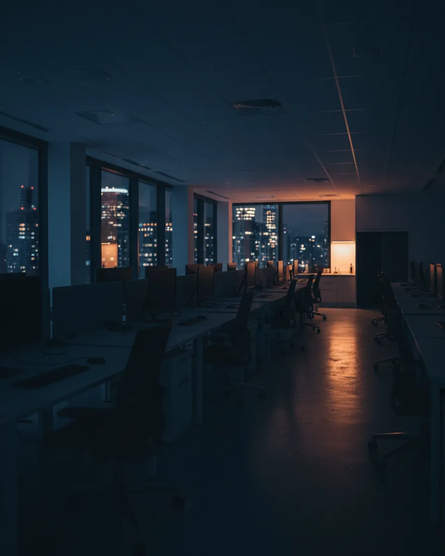 An open-plan office in the evening, empty desks and monitors, city light through the windows.