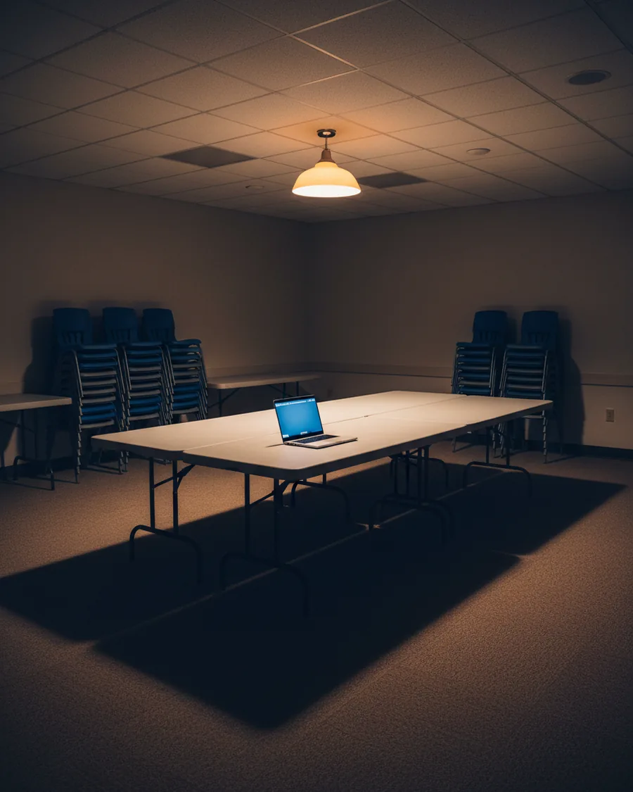 A community room with folding tables and stacked chairs, one laptop open on a table.
