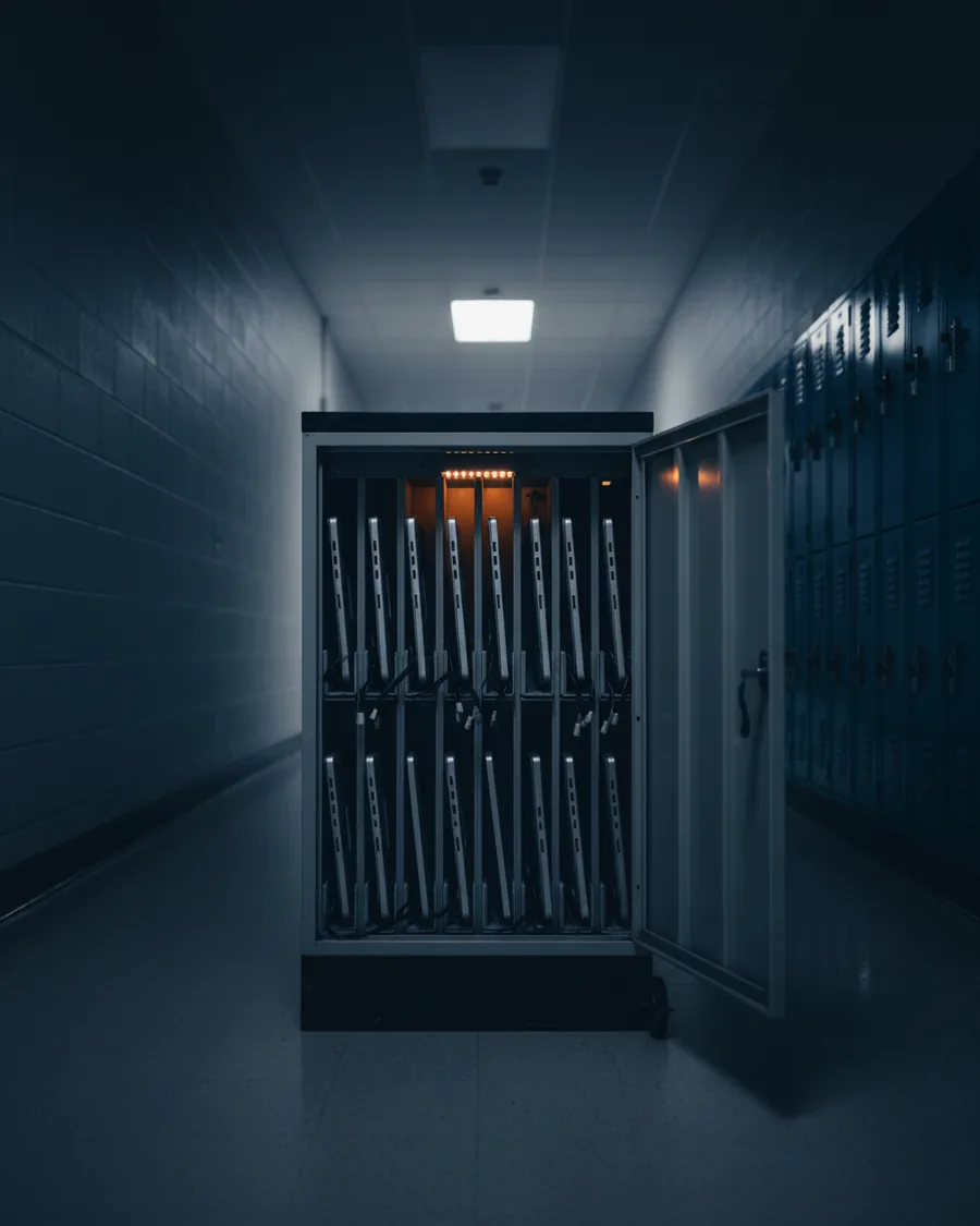 A charging cart of classroom laptops parked against a wall in an empty corridor.