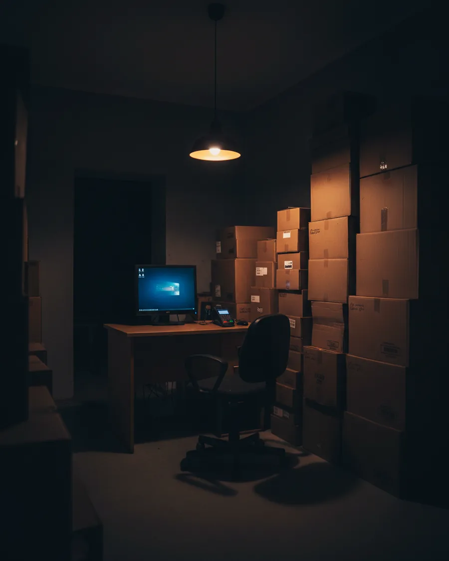 A small shop back office at the end of the day, a desk with a computer and paperwork, lights low.