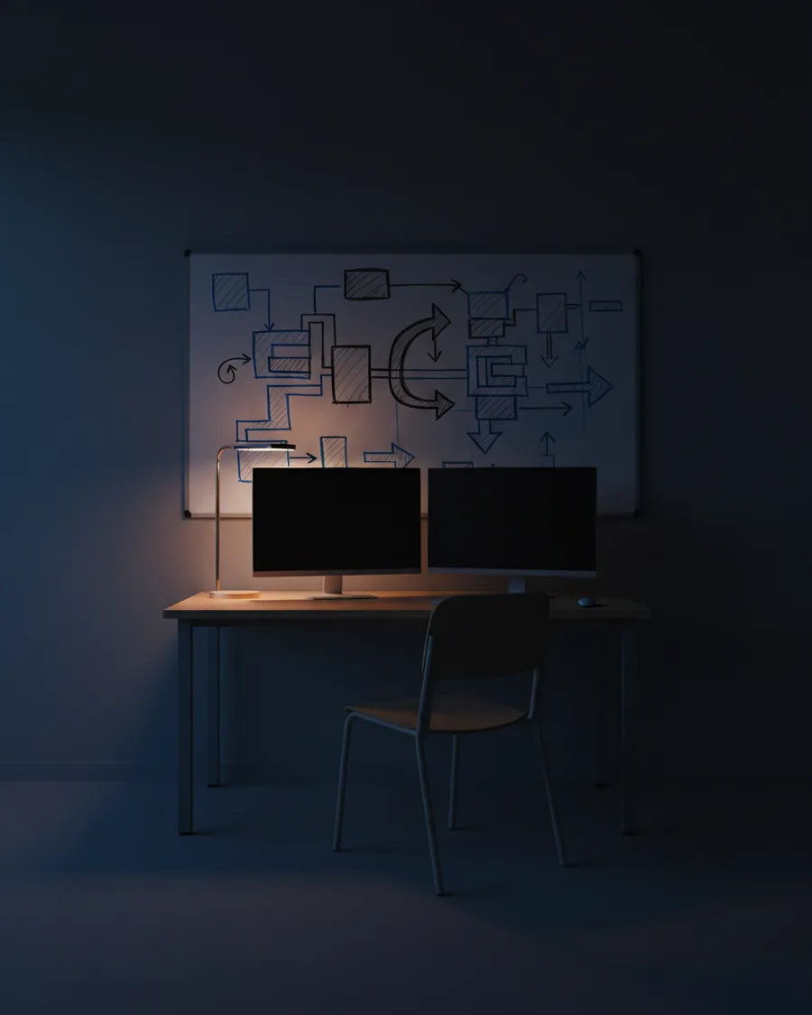 Two monitors on a desk in front of a whiteboard covered in diagrams, nobody present.