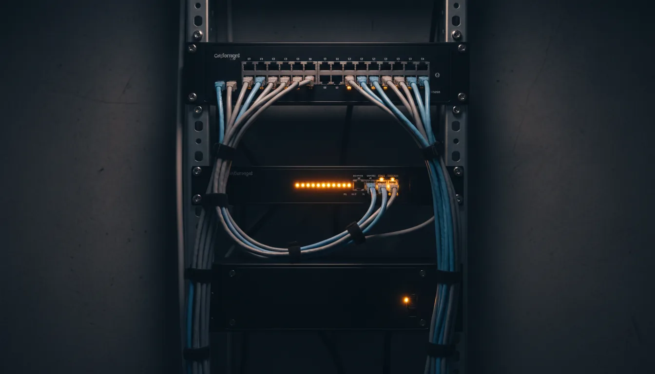A tidy wall-mounted network rack in a small-business back office: patch panel, bundled cabling and a switch showing link lights.