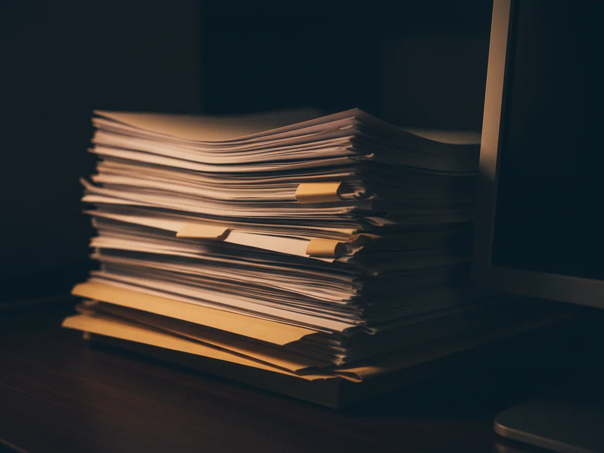 A stack of paperwork on a desk beside a monitor, early morning light across the surface.