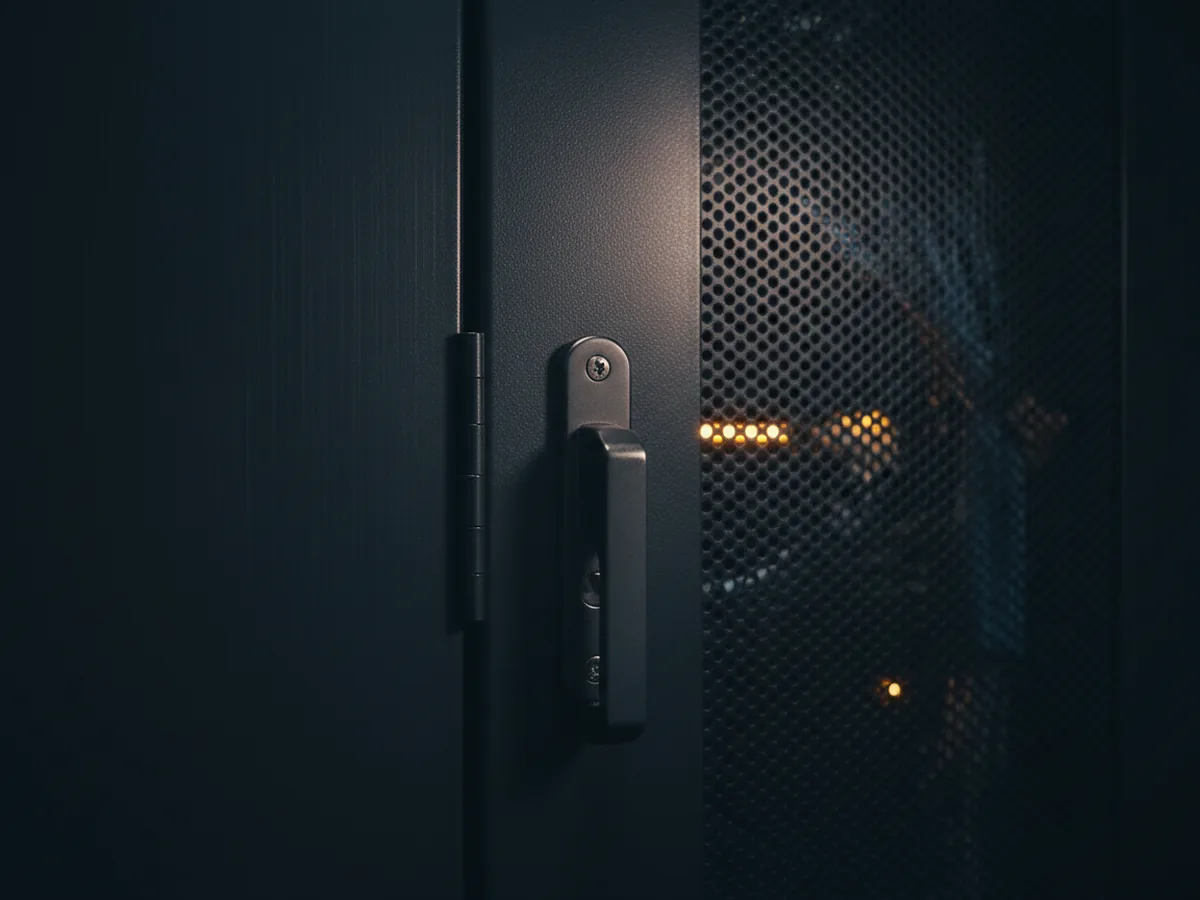 A locked server cabinet door photographed close and low-lit, with the latch and hinge in focus.