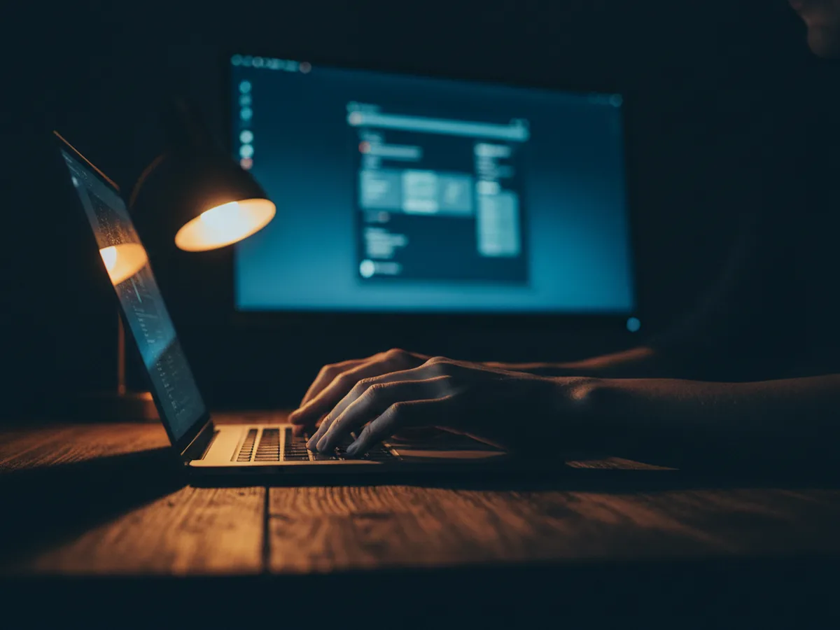 Hands at a laptop keyboard on a desk, a support queue open on a second screen out of focus behind.