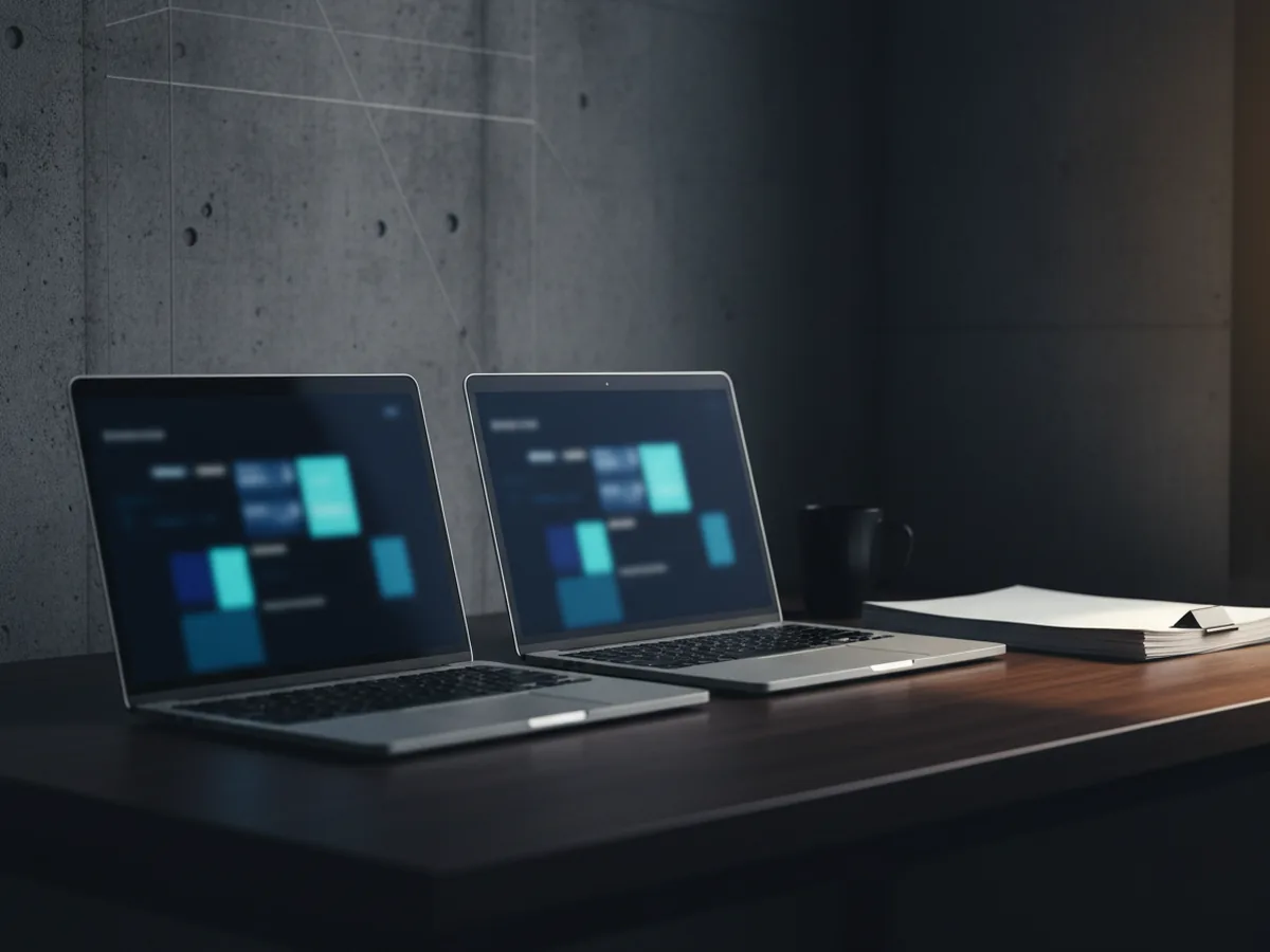 Two laptops open on a shared desk beside a stack of paper documents, daylight from a window.