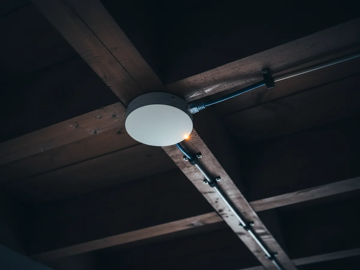 A ceiling-mounted wireless access point with a cable run traced back through exposed joists.